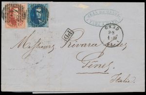 1861 N° 11/12 (n° 12 volrandig met griffe in de rechtermarge) op brief met inhoud, vanuit P.45-Gand (14-balken), dd. 1 october 1861 naar Genes (Genua - Italië), 