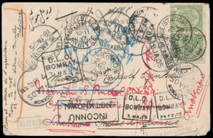 1904 N° 56 in paar (zonder vignet) op postkaart vanuit Ostende (Station), dd. 29 december 1904, naar Monsieur Rudolf Eginsart te Indes Anglaises (Brits-Indië), persoon werd niet gevonden (stempel Inconnu -Not known in kader zwart), doorgestuurd naar het adres van Norman S. Rudolf te Lucknow (India), met aankomststempel Lucknow Esquire, dd. 18 januari 05, meerdere 