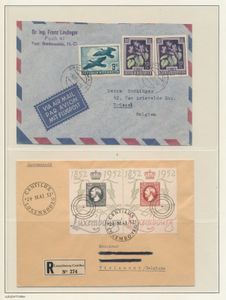 Kleine samenstelling van 4 brieven, w.o. 1951 - Hongarije, Luxemburg Centilux 1952, Saar maximumkaart 1950, Oostenrijk LP brief met o.a. vogel 