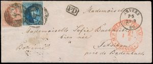 1860 N° 11 (ingesneden) en 12 (volrandig), op omslag met brief (datums komen overeen), vanuit Antwerpen, dd. 20 september 1860, naar Tetschen 