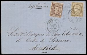 1876 Brief van Parijs naar Madrid met mengfrankering van Franse en Spaanse zegel, brief verticaal geplooid (niet door zegels), uiterst zeldzaam, zm 