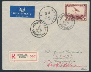 1937 PA 4 Luchtpost brief verstuurd uit Brussel (02/07/37) naar Lindi / Tanganyika (08 en 10 /07/37) en vervolgens doorverwezen naar Dar Es Salaam (12/07/37), gefrankeerd met 2F en 5F 