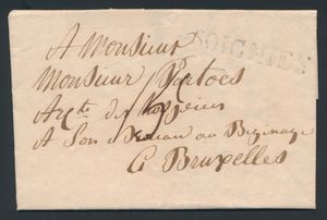 1821 Vorläufer mit Inhalt aus Soignies, (Herlant 15), vom 1. April 1821, nach Bruxelles, Tarif: 15 Centimes, einwandfrei