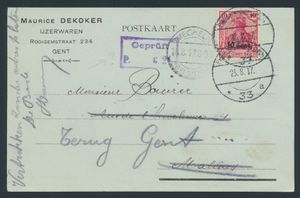 1917 Carte postale envoyée de Gand (10/8/17) à Malines, censurée, cachet Germania avec surcharge 