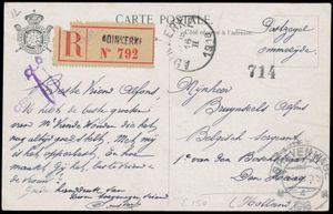 1918 Aangetekende zichtkaart van Nieuwpoort verstuurd uit Adinkerke (16/12/18) naar Den Haag/Nederland, met lijnstempel 