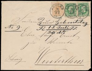 1877, Nos 18 et 30 (2x), sur enveloppe, d'Anvers (T0), datée du 16 juillet 1877, à destination de Winterthur (Suisse), deux belles oblitérations d'arrivée (Winterthur et Zurich), tb.