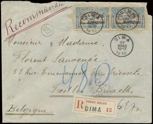 1913 Registered cover, franked with OBP n° 57 (horizontal pair) 