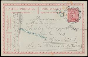 1918, Belgian. PWS stationery written 'To/ au Vours/ France' (21/9/18) via 'Belgium Army Stationery 5' sent to Neufchatel/ Switzerland, with military censorship (Line stamp) vf/f.