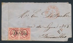1863 Briefumschlag von Roermond nach Brüssel mit horizontalem Paar 