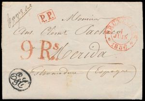 1836 Voorloper met inhoud, vanuit Bruxelles type 13 (Herlant 73 - figuur K blz.87), dd. 1 Juni 1836, naar Merida (Spanje), mooie rode stempel P.P. in kader rood, port 9 R.s. Manuscript 