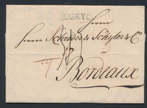1790 Voorloper met inhoud, vanuit Hirsberg, dd. 6 augustus 1790, naar Bordeaux (Frankrijk), met grensstempel 