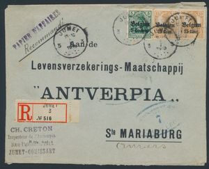 1918 BZ 12 + BZ 15 (2x), sur lettre recommandée Jumet 3, datée 05/01/1918, à destination d'Anvers, manuscrit 