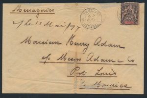 1897, brief gefrankeerd met Yv. n° 35 “25c - groepstype - Madagaskar” (beschadigd), verzonden van Tamatave 7/5/1897 naar Port Loui / Mauritius 11/5/1897, zeer zeldzame bestemming, m/ntz
