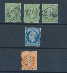 N° 20 (3x) + 22 + 23, Napoléon dentelé, 5 uitgezochte ex. met zeer mooie stempels w.o. enkele betere, zm (Yv. +€47)