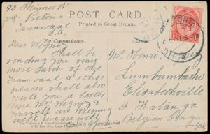 1917, picture postcard sent from Pretoria / South Africa to Elisabethville / Belgian Congo where it arrived on 9 April 1917 - no South African censor (uncommon), vf