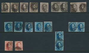N° 10 (5 exemplaren en 2 paren) en 11 (5 exemplaren, 1 verticaal en 1 horizontaal paar), 12 (2 exemplaren), enkele mooie gerande zegels, ideaal voor plaatmateriaal, zm