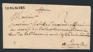 1752 Voorloper met inhoud, vanuit Soignies (29 x 3 zwart), niet beschreven in Herlant, briefaanhef is Marche, dd. 16 novembre 1752, naar Bruxelles, port: 2 sols, zm