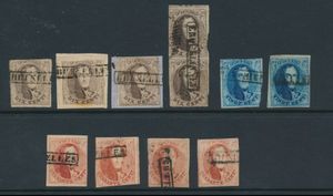 N° 10/12 Herkomststempel in kader zwart, o.a. Erquelinnes, Bruxelles, Marchienne-au-Pont, etc., 10 stuks, m/ntz