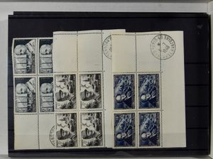 1946/1948 Samenstelling met 17 volledige series tussen Yv. n° 765/70 en 816, alle in blokken van 4 met hoekbladboord en velnummers, zm (Yv. €242)