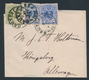 1889 N° 26 en 27 (2x), op wikkel vanuit Bruxelles , dd. 3 januari 1889, naar Koningsberg-Allemagne (Duitsland), gemengde frankering, zm