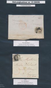 1851/1860 Ongetande medaillons, n° 3 op brief, niet volrandig, vanuit P.19-Boom, dd. 22 juni 1851 naar Anvers, n° 6 op twee brieven waarvan eentje net volrandig, vanuit P.19-Boom, dd. 24 augustus 1854 naar Hingene (afstempeling 